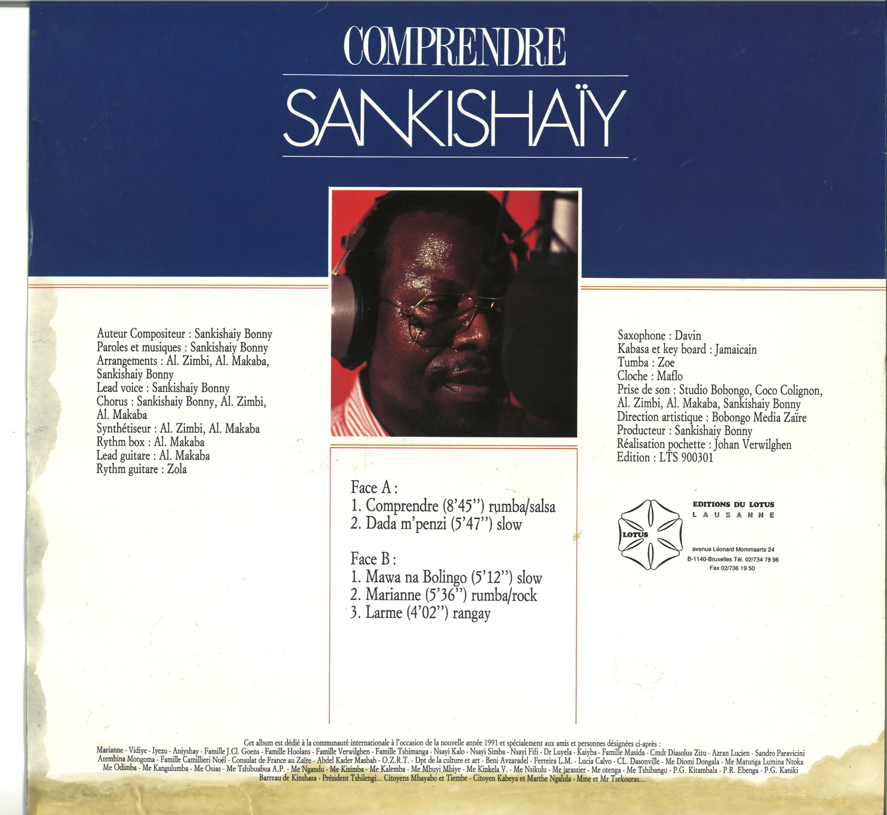 Verso de la pochette de Comprendre : tracklist Face A et Face B, crédits, Editions du Lotus 1991.