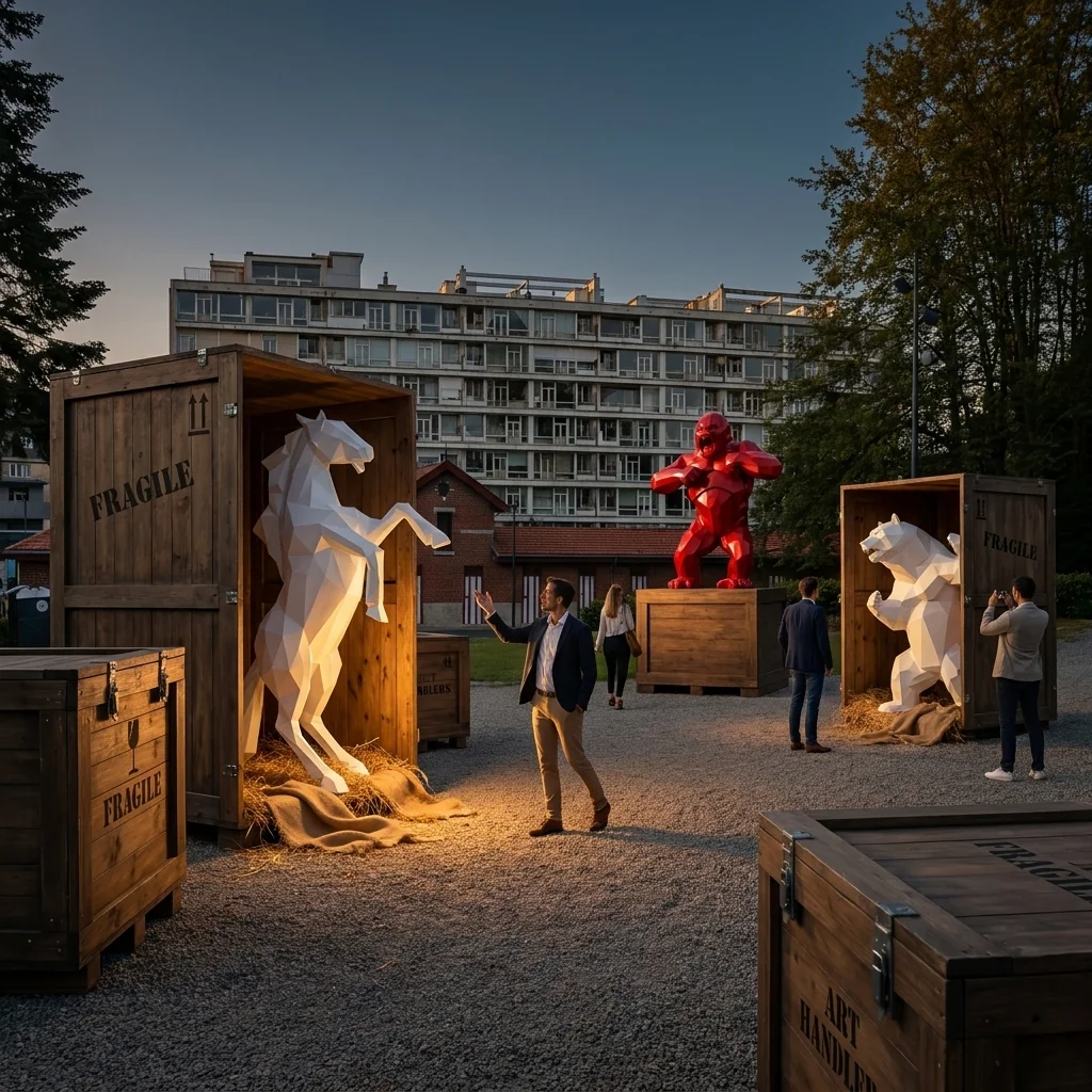 Sculptures Orlinsky — Wild Kong rouge entouré d'un cheval cabré et d'un ours en low-poly blancs, sortant de caisses FRAGILE au crépuscule.